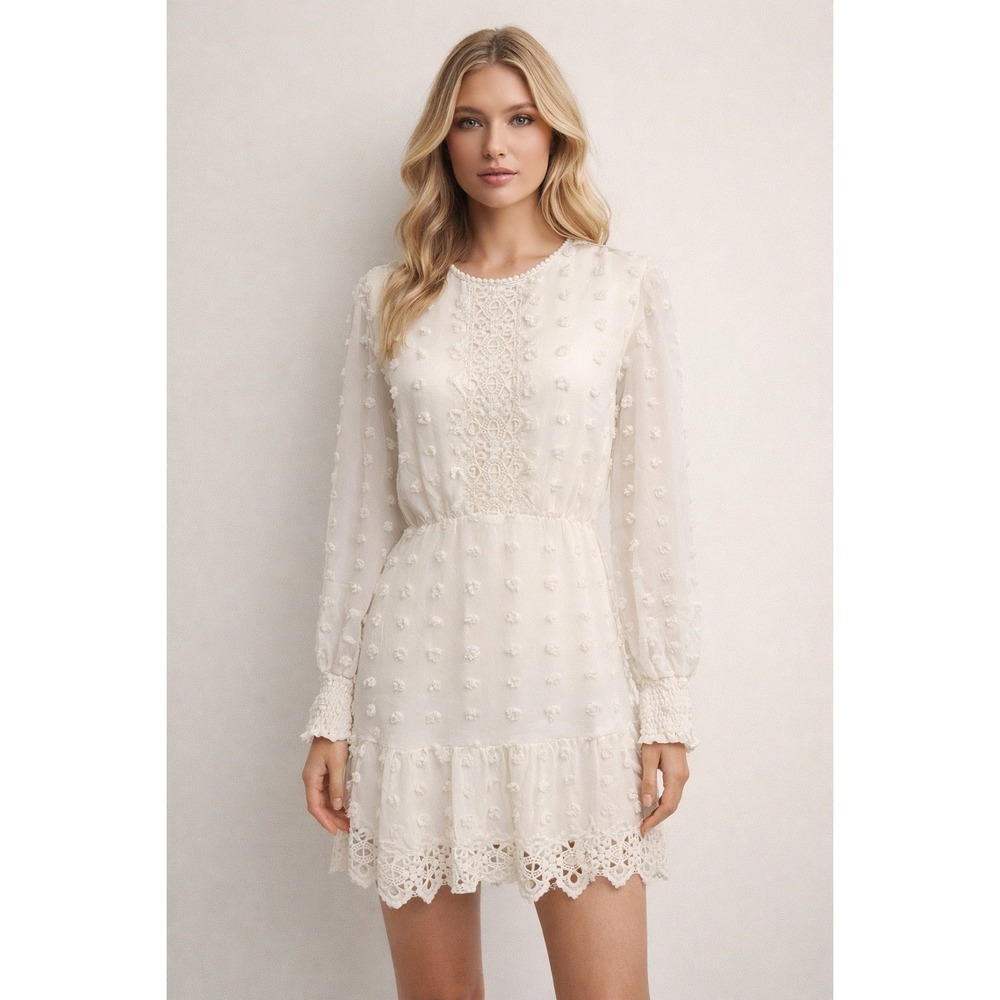 Crochet Lace Mini Dress Off -White Sleeves Ruffle Hem Bridal Graduation sz XL